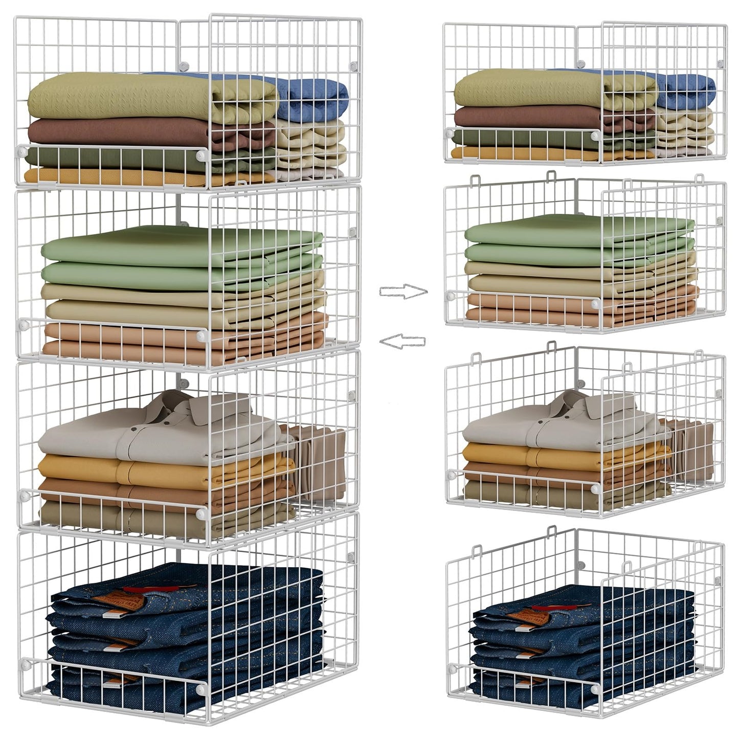 Stackable Closet Organizers and Storage - 4-Tier Stackable Storage Bins, Foldable Closet Shelf Organizer Basket, Clothes Organizers and Storage Shelves for Home Bedroom Closet Organizer System