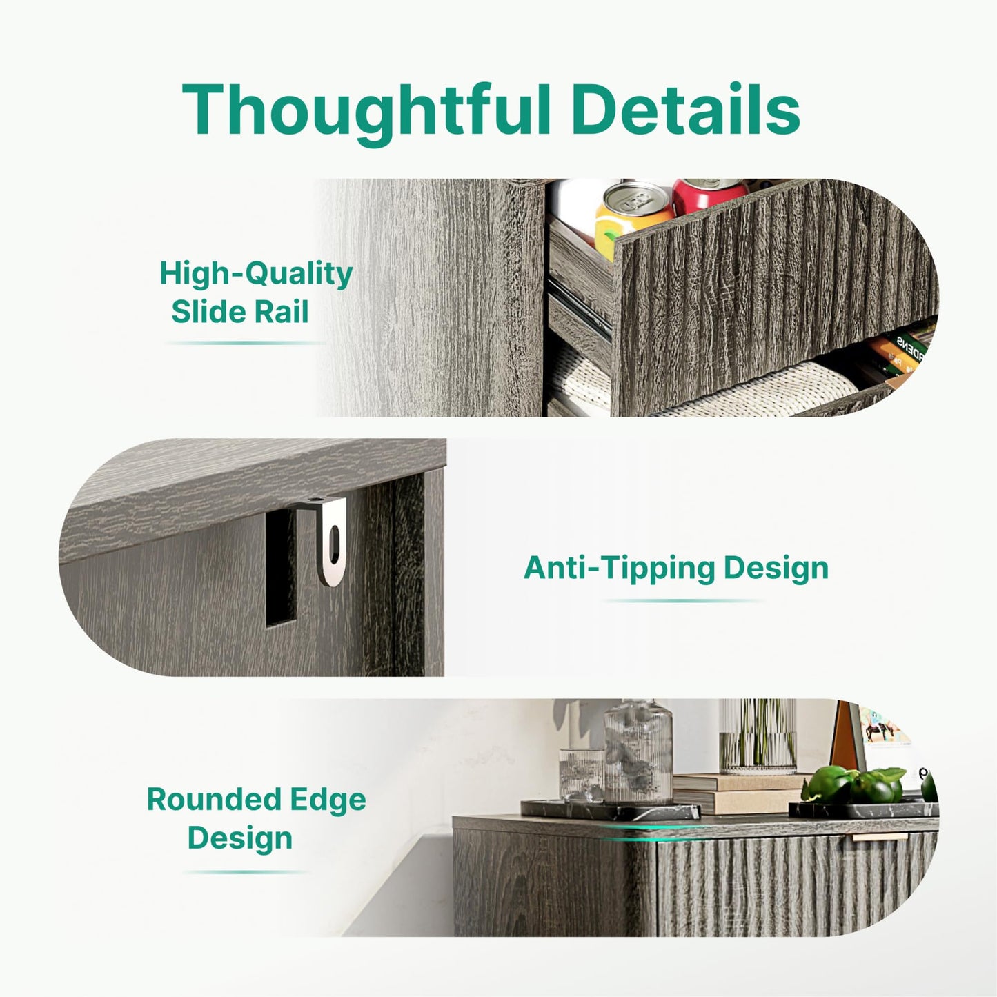 ECOTINY Mid Century Modern 3 Drawer Dresser, Fluted Wood Chest with Round Edge Design, Shallow Bedroom Storage for Closet, Living Room（Charcoal Oak）