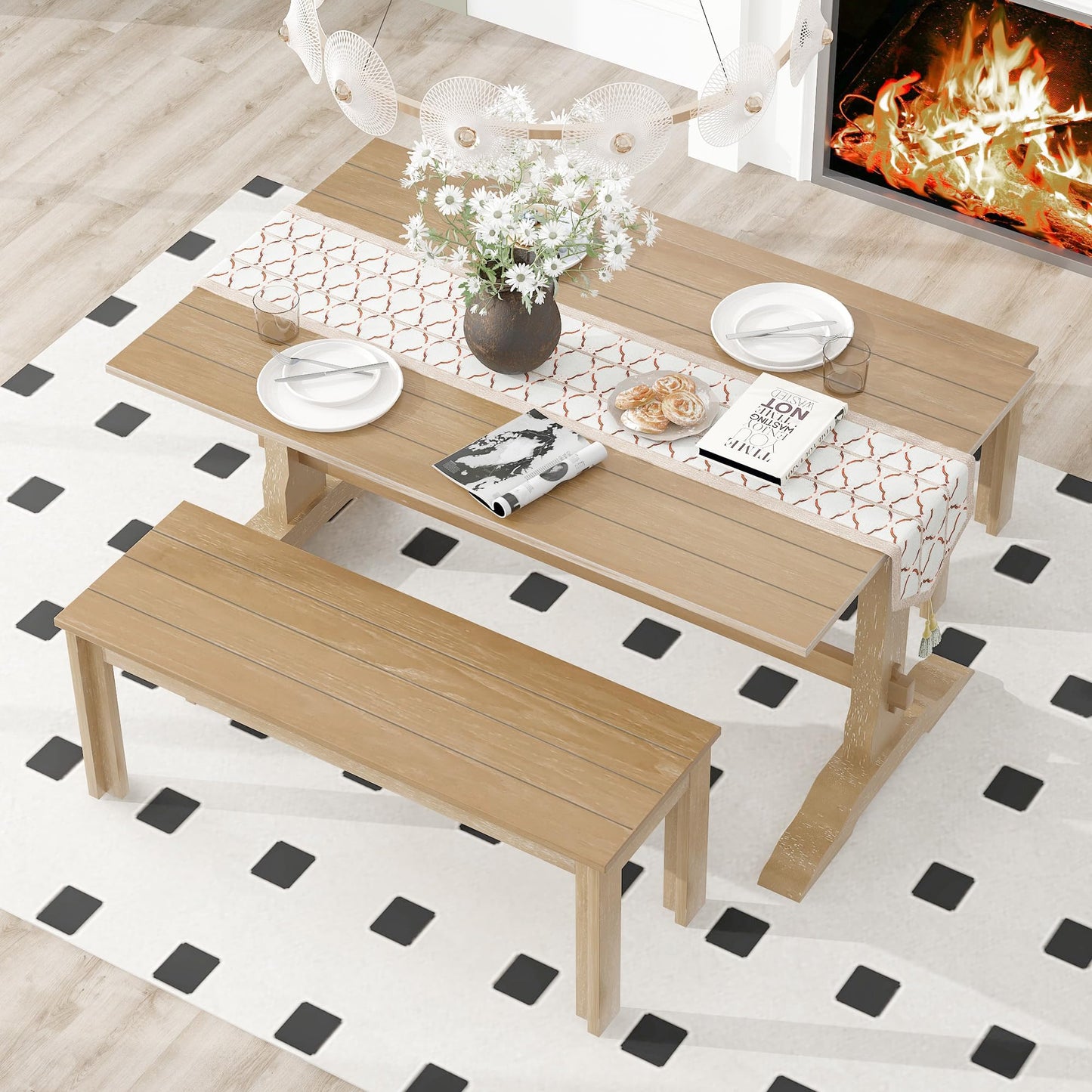 Harper & Bright Designs 3 Pieces Dining Table Set with Bench, Retro Rectangular Trestle Table and 2 Wood Benches for 4 People for Dining Room and Kitchen (Natural Wood)