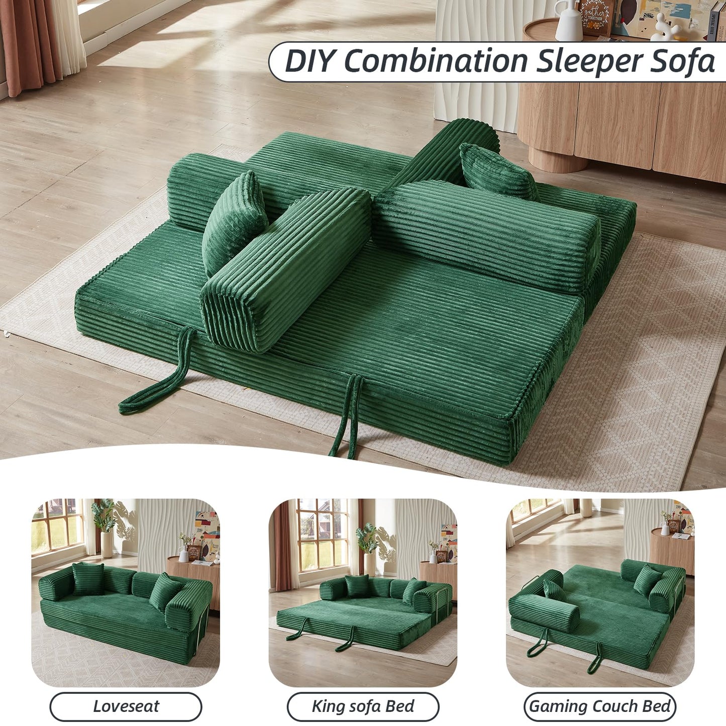 HUAYICUN 4-in-1 Convertible Folding Sleeper Sofa Bed, Plush Corduroy Foldable Mattress Couch with Fixed-Shape Frame, Floor Compressed Sofa for Living Room, Bedroom (Green)