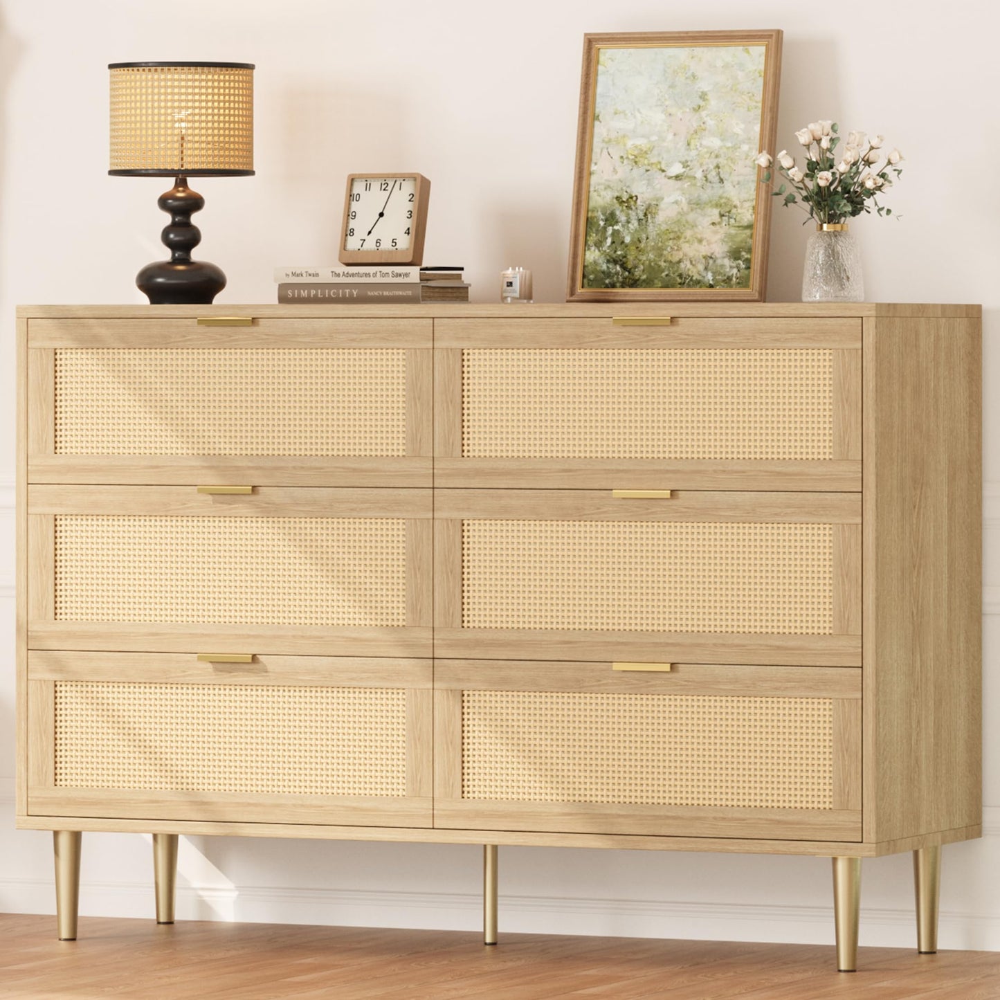 IDEALHOUSE Natural Rattan 6 Drawer Dresser for Bedroom, Modern Chest of Drawers with Gold Legs and Gold Handles, Wide Double Dresser with Large Tabletop and Anti-Tipping Design for Bedroom Living Room
