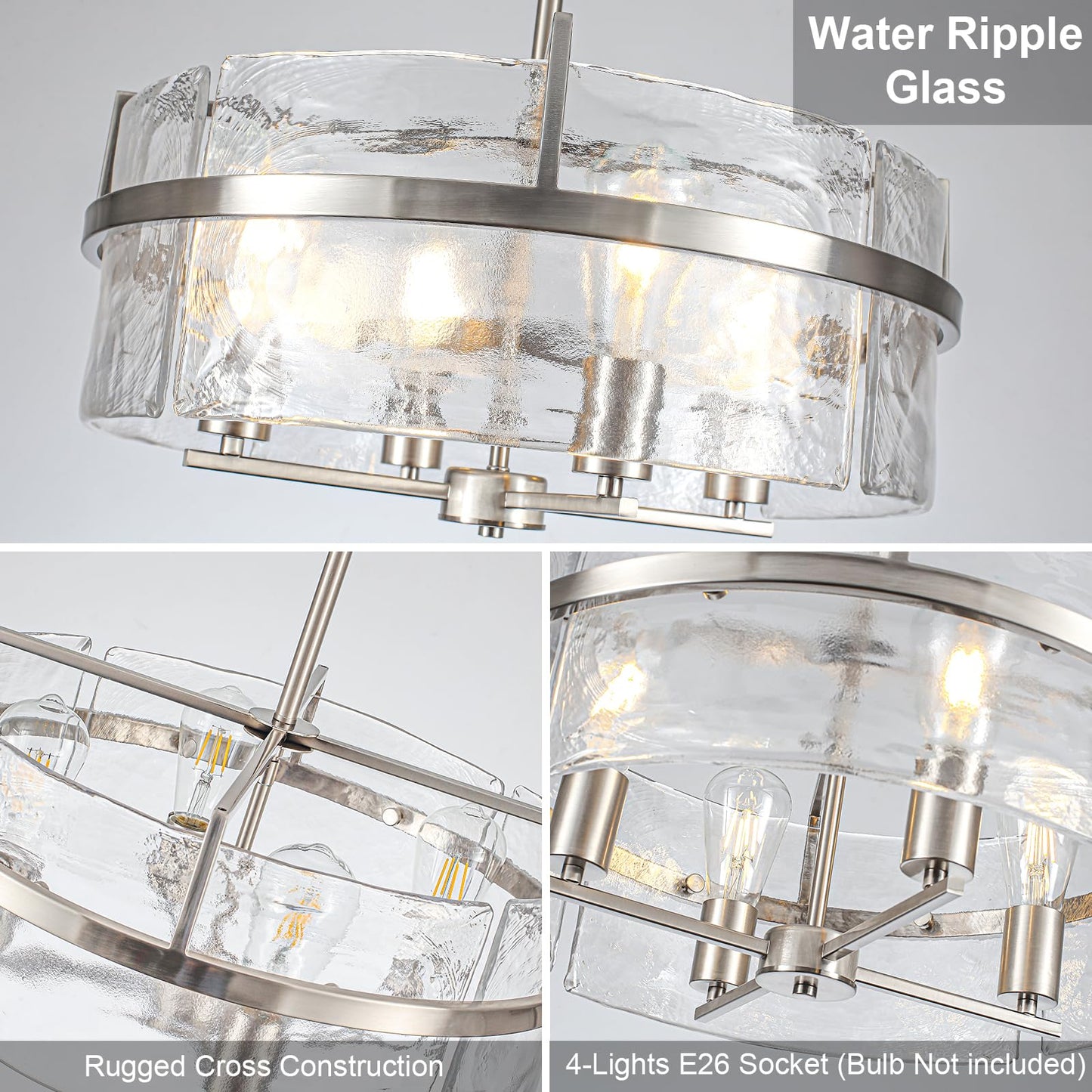 DWLGIGH Modern Drum Chandeliers for Dining Room,19.7" Water Ripple Glass Chandelier Over Table Brushed Nickel Crystal Pendant Light Fixtures for Hight Ceiling Living Room Entryway Bedroom Kitchen,E26