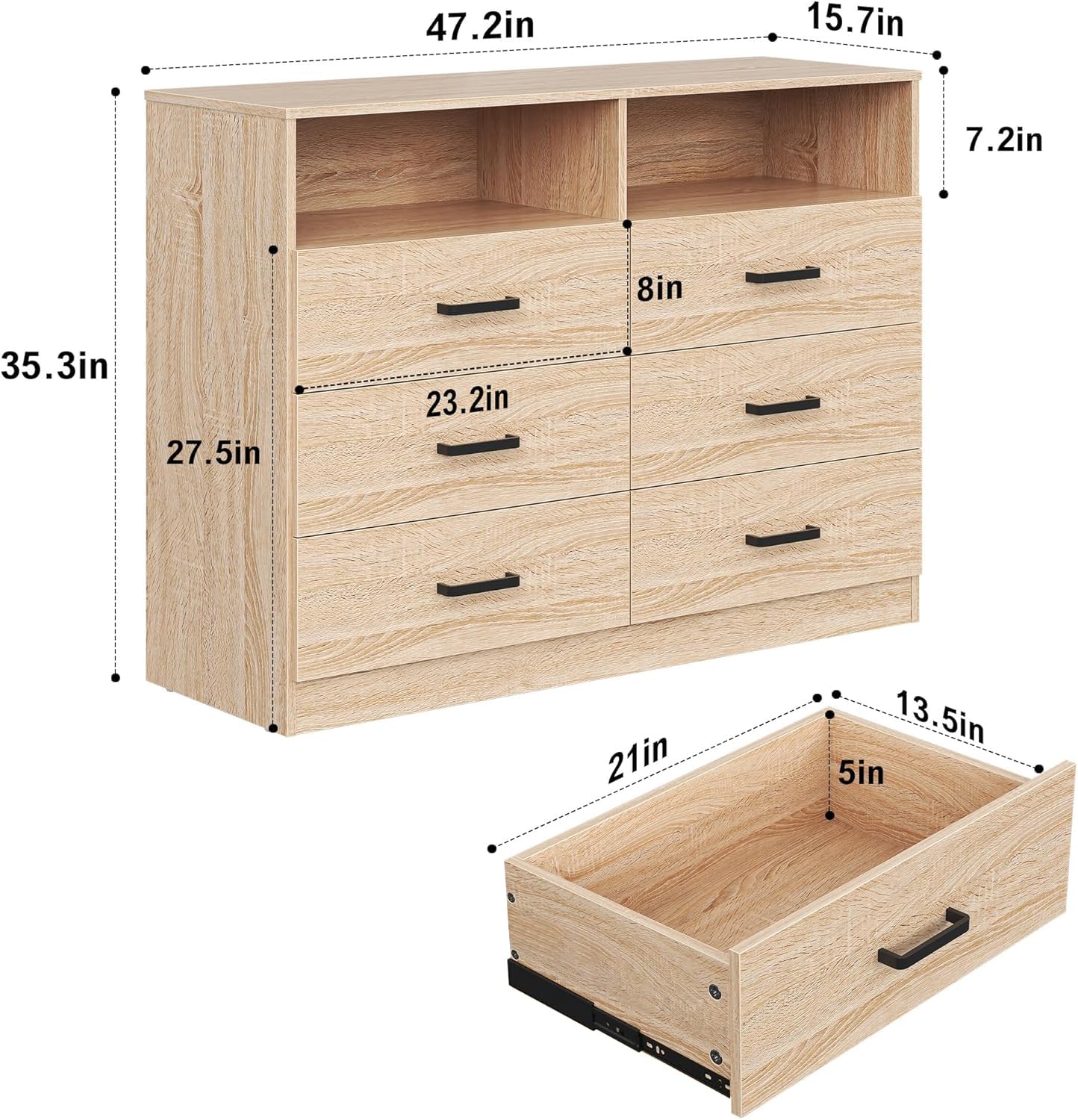 Bigbiglife 6 Drawers Dresser for Bedroom Wooden Drawer with Open Storage Cubby, Double Wide Dresser Organizer for Bedroom, Living Room, Entryway, Hallway (Light Oak)