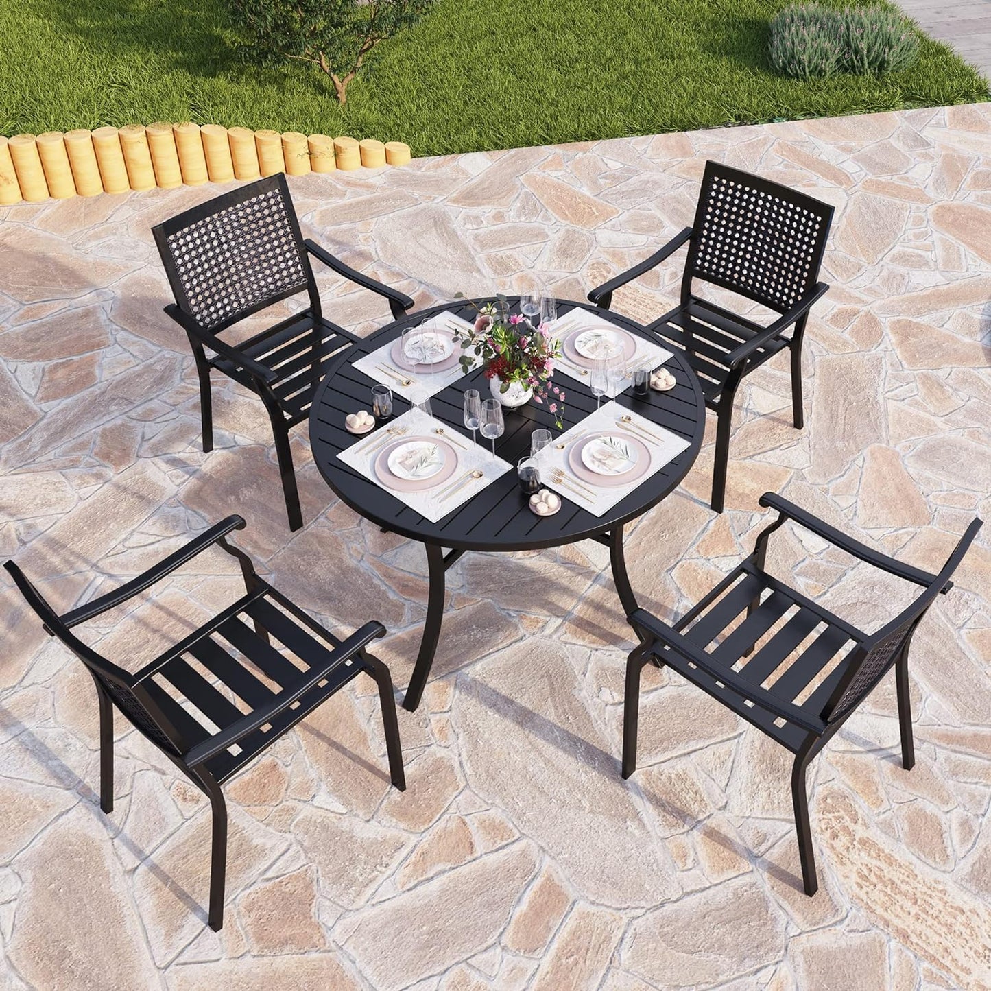 PHI VILLA 5 Pieces Outdoor Round Dining Set for 4, Steel Circle Table with Umbrella Hole & Stacking Wrought Iron Chairs, Morden Dining Furniture Set for Patio, Deck, Yard, Porch