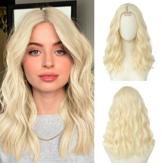 BUPPLER 613 Blonde Wig 18 Inch Medium Length Wigs for Women Middle Part Synthetic Hair Wavy Wig with Upgraded Strands,Natural Hair Wig for Daily Party/Halloween Use 18Inch,613 Blonde