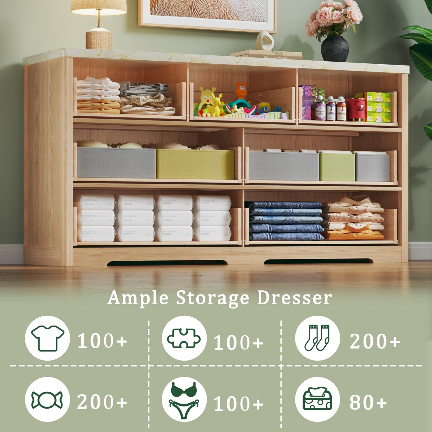 Fluted Dresser for Bedroom with 7 Drawers, 53'' Modern Dressers with Faux Marble Top, Mid Century Chests of Drawers with Gold Handle & Curved Profile, Natural Wood TV Dresser for Bedroom, Living Room