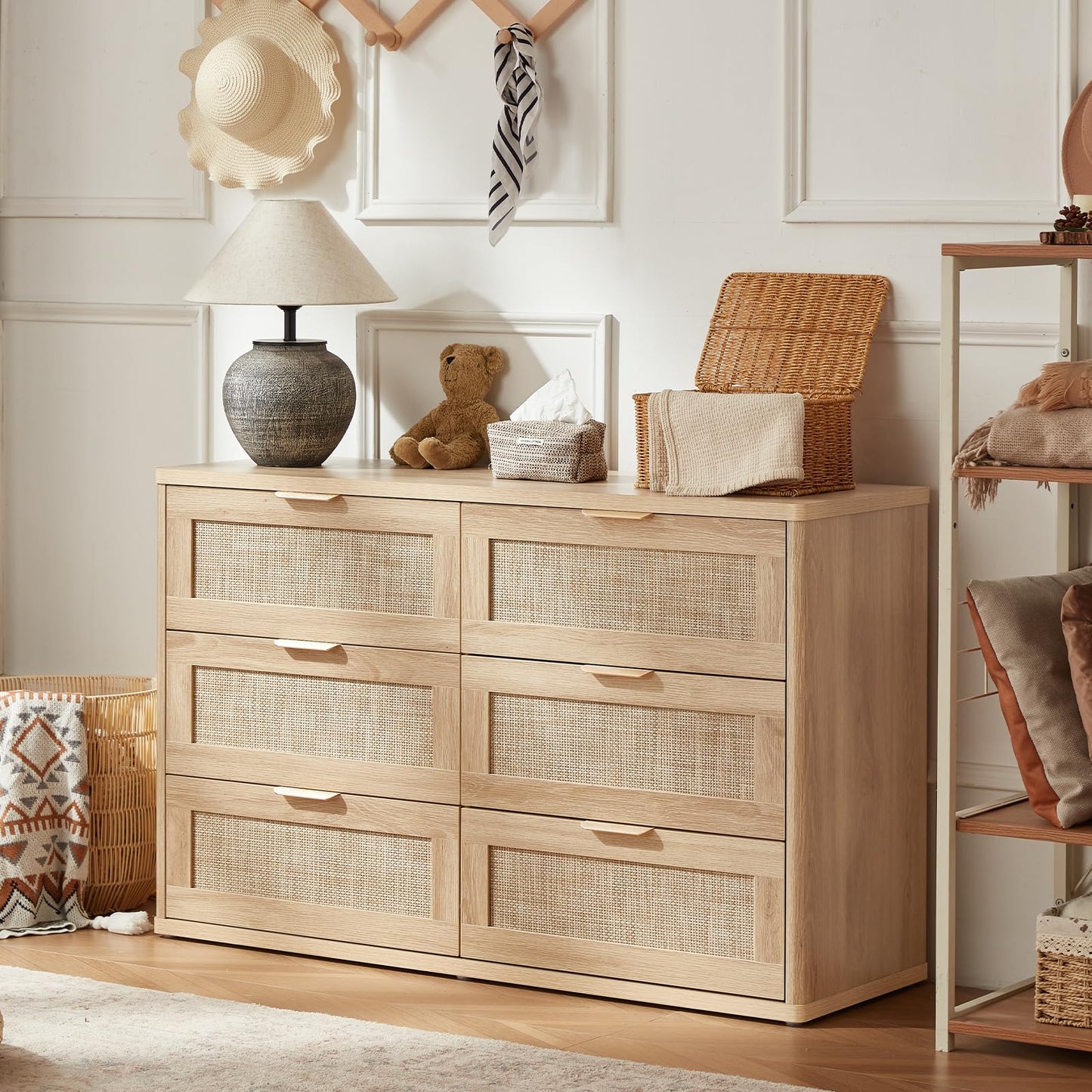 LEYAOYAO Rattan 6 Drawer Dresser for Bedroom, Boho 48" Wide Natural Wood Dresser Chest of Drawers, Dressers TV Stand with Metal Handle, Storage Dressers Closet Organizer for Living Room, Hallway