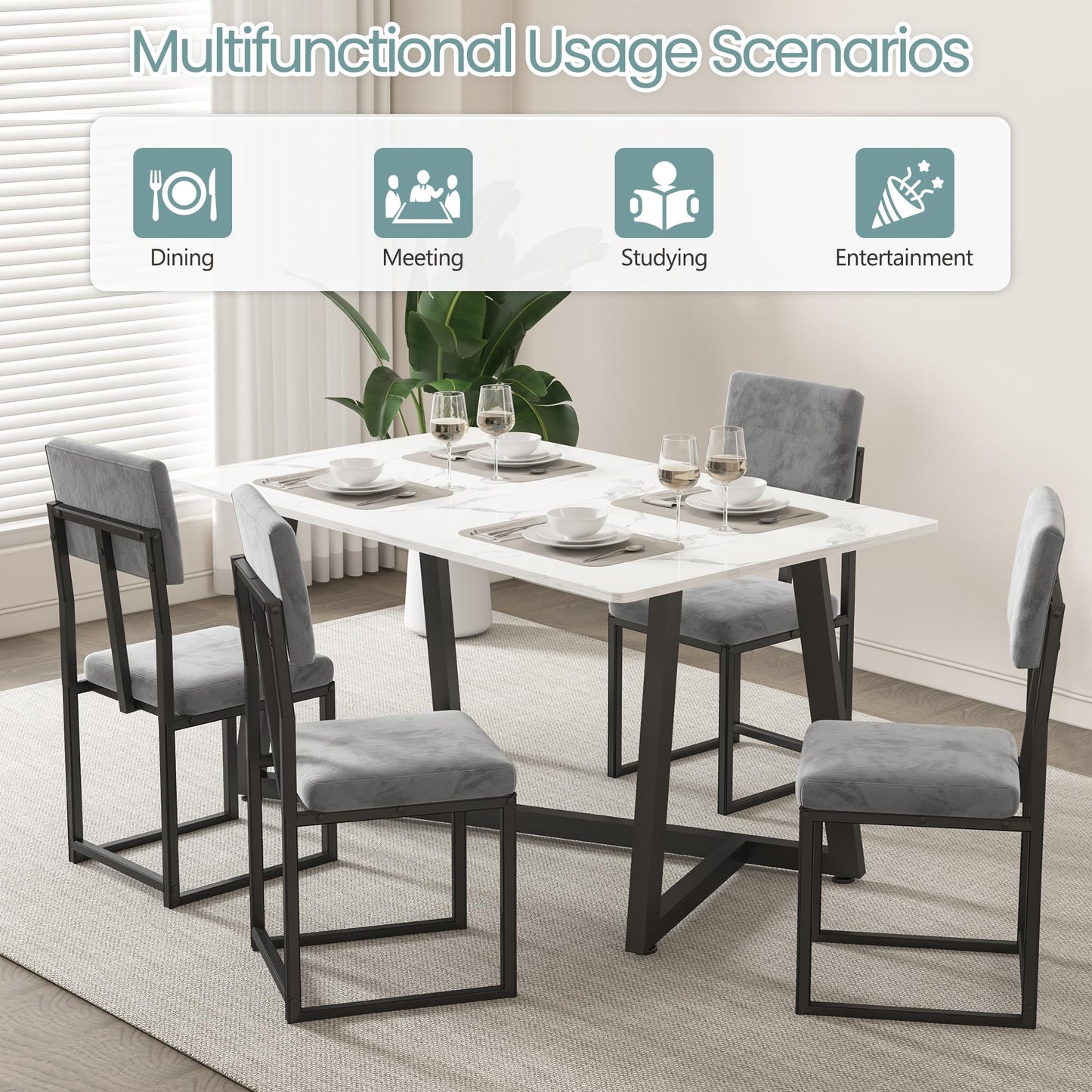 HUGROVE 5-Piece Dining Set, 47.24-Inch Faux Marble Dining Table Set for 4, Modern Minimalist Kitchen & Dining Room Set with Velvet Upholstered Chairs for Small Spaces, Apartments (Charcoal)