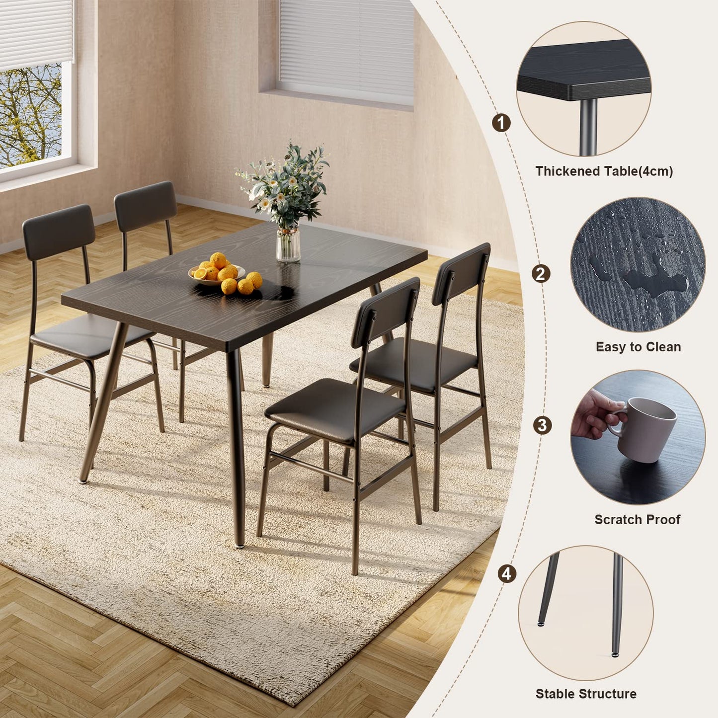 Gizoon 5 Piece Dining Table Set for 4, Modern Metal & Wood Kitchen Dinner Table with 4 Chairs, Space-Saving Dining Room Furniture Table & Chair Sets for Small Spaces & Apartment, Black