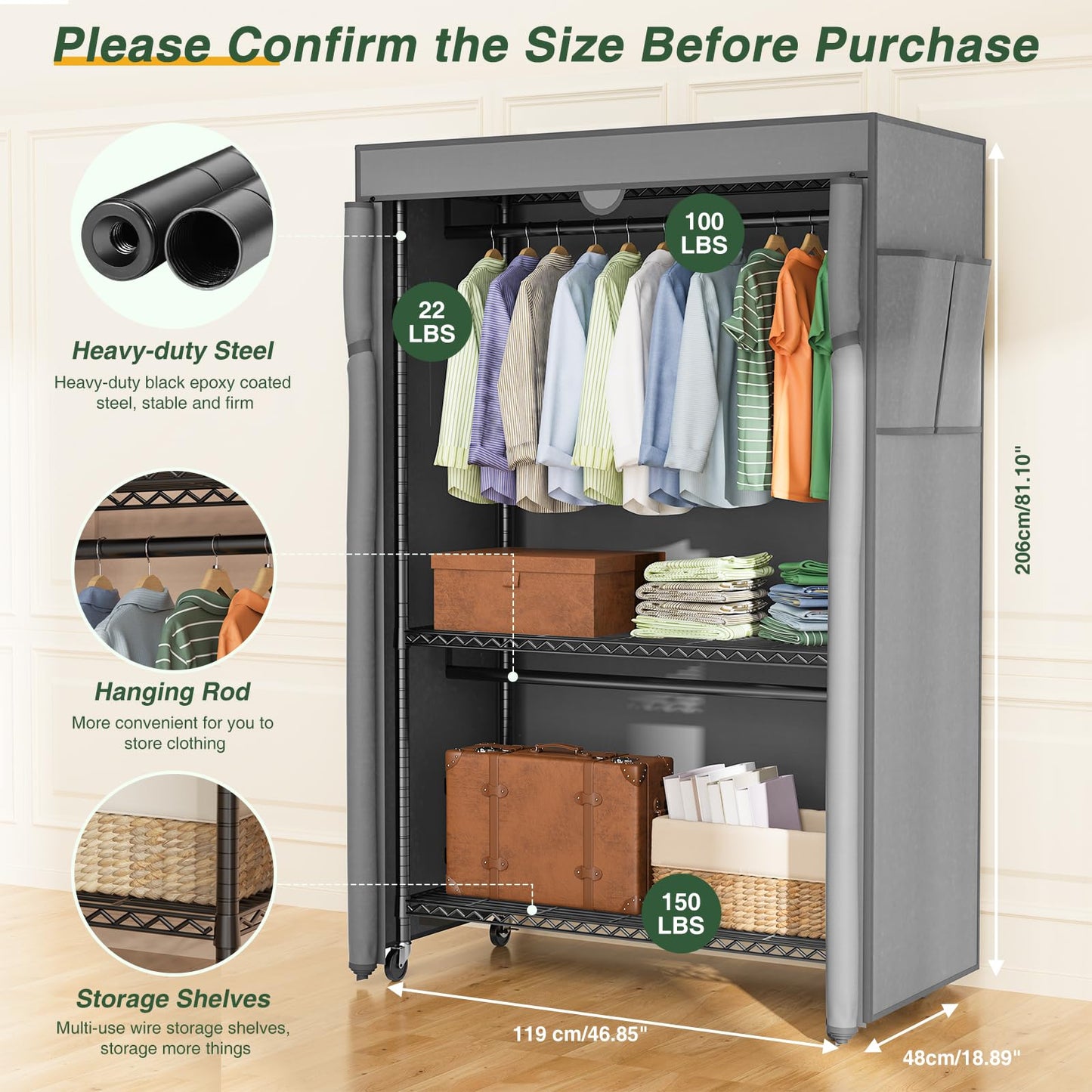 LEHOM G1C Heavy Duty Clothes Rack with Cover, Rolling Garment Rack for Hanging Clothes, Portable Closets with Oxford Fabric Cover, Freestanding Clothing Rack on Wheels, Storage Wardrobe for Bedroom