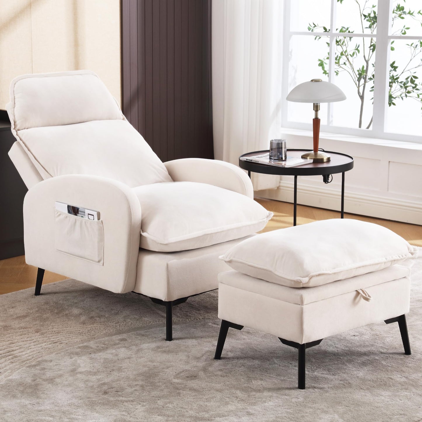 YUUIJOAA Accent Chair with Ottoman, Comfy Reading Chair and Ottoman Set, Modern Velvet Lounge Armchair with Storage and Adjustable Backrest for Living Room Bedroom, Cream