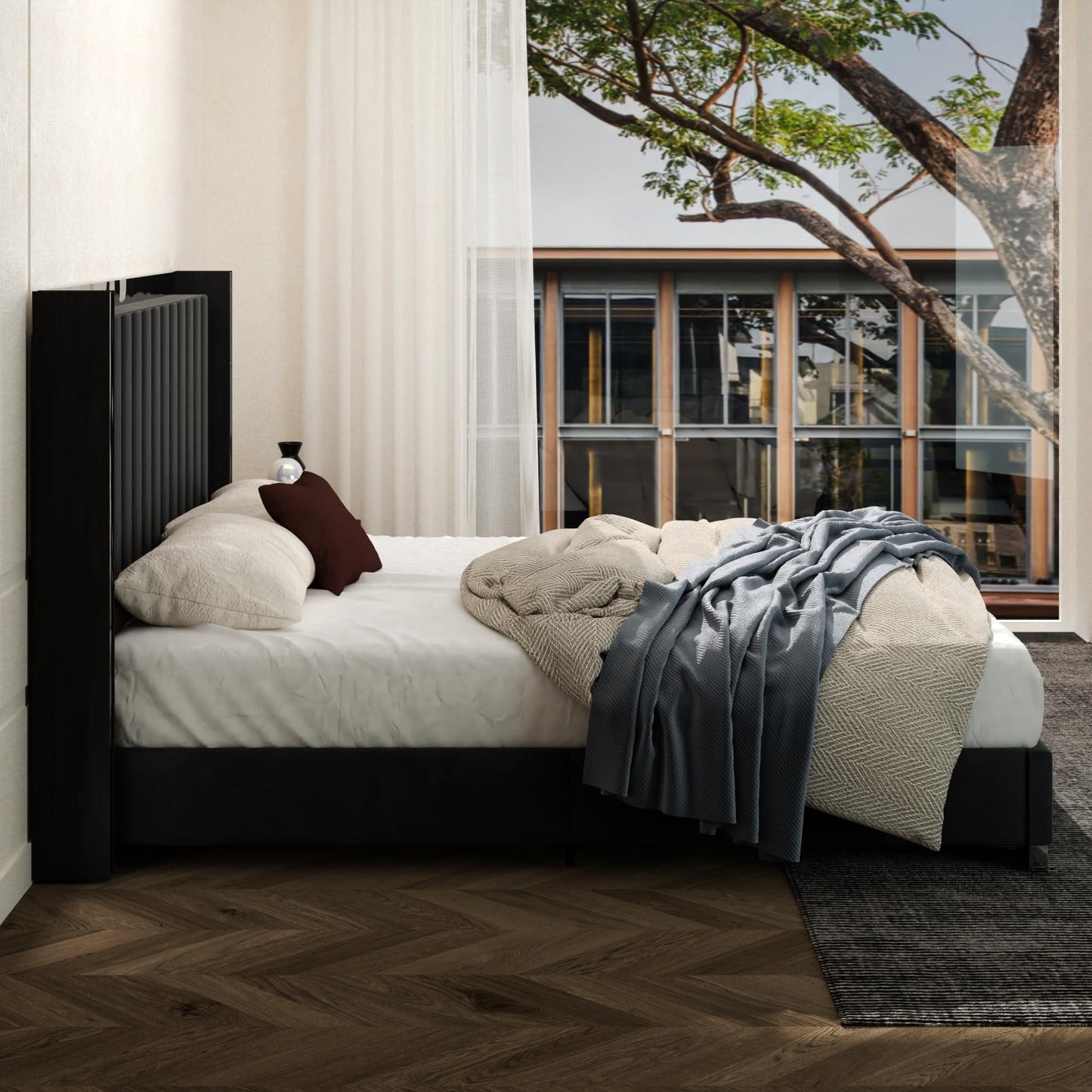 Konprosp Queen Size Bed Frame Velvet Upholstered Platform Bed with 58" Tall Headboard, Channel Tufted Wingback and Plating Trim, Solid Wooden Slats Support, No Box Spring Needed, Black