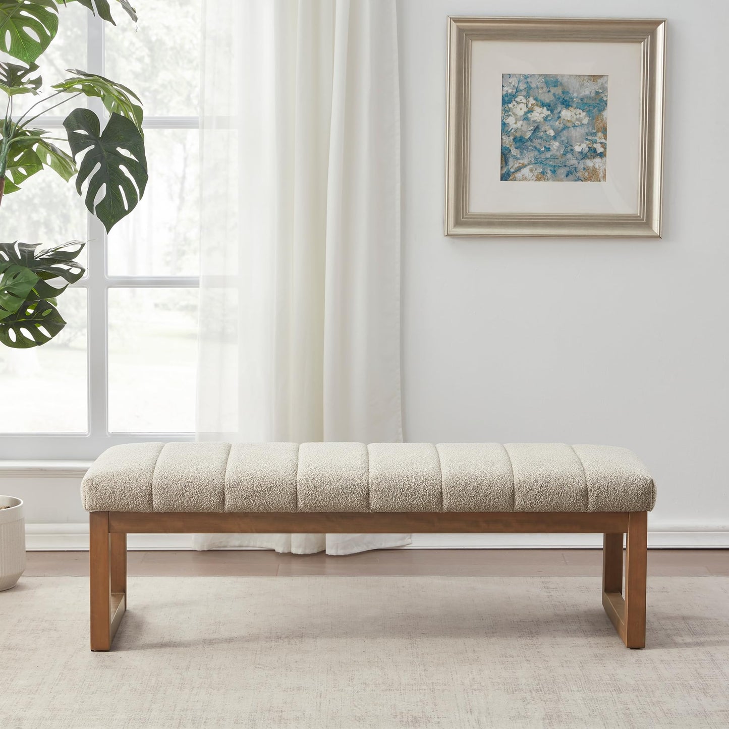 Zihanhome 52.7" Bedroom Bench for End of Bed, Modern Upholstered Teddy Fabric Entryway Bench & Dining Bench, Footrest Stool Bench with Solid Wood Frame for Bedroom, Living Room (Camel)