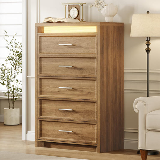 AOGLLATI Mid-Century Modern Dresser for Bedroom with 5 Drawer, Dressers& Chests of Drawers, 44.5” Tall Wood Dresser with 3 Color Lights for Bedroom, Wood