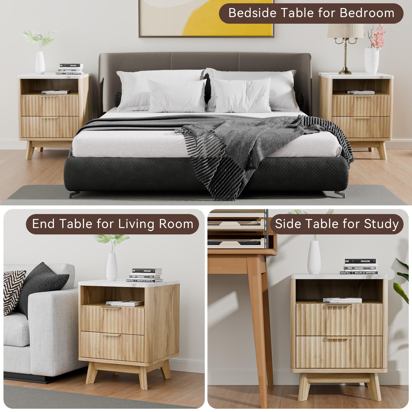 HOCAT Fluted Nightstand with 2 Drawers, 18" Modern Bed Night Stand with Faux Marble Top, Open Storage Shelf, Curved Edge Bedside Table for Bedroom, Living Room End Side Table, Natural Oak