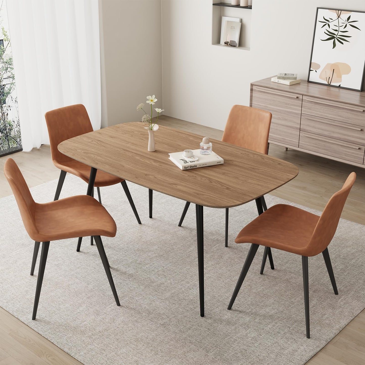HIPIHOM 47.2'' Dining Table Set for 4,Modern Wood Dining Table,Leather Dining Chairs 4,Table and Chairs Set of 4,Ideal for Kitchen Dining Room (Walnut Color Table + 4 Brown Chairs, 47.2")