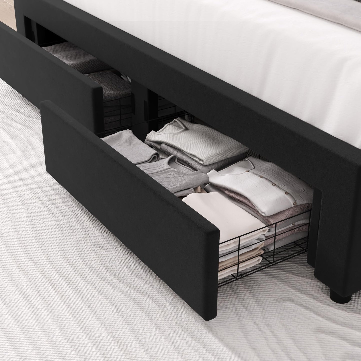 HITHOS Queen Upholstered LED Bed Frame with 2 Storage Drawers, Velvet Platform Bed with Wingback Headboard, Solid Wooden Slats Support, No Box Spring Needed, Headboard Splicing Design, Black