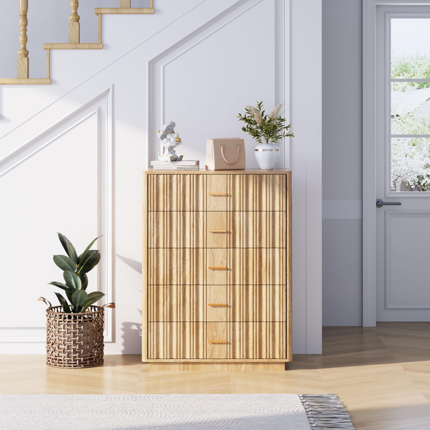 Fluted 5 Drawers Dresser for Bedroom, Wooden Tall Storage Dresser, Modern Chest of Drawers with Metal Handle, Curved Profile Wood Closet Clothes Storage Organizer for Living Room, Hallway, Natural