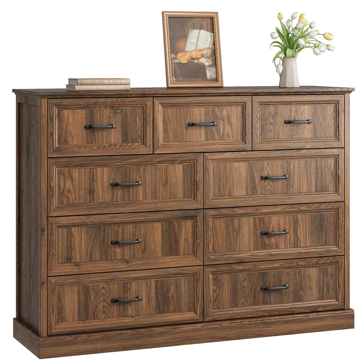 Farmhouse 9 Drawer Dresser for Bedroom, 55 Inch Wide Modern Walnut Dresser TV Stand with Large Drawers & Bar Handles, Rustic Wood Chest of Drawers for Bedroom, Living Room, Hallway, Entryway.