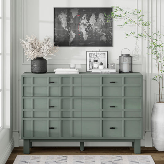 Aoikax Modern 6 Drawer Double Dresser with Grid Carved Pine Front, Minimalist Chest of Drawers with Large Storage Space Metal Base for Bedroom, Ash Veneered Top, Metal Legs, Light Green