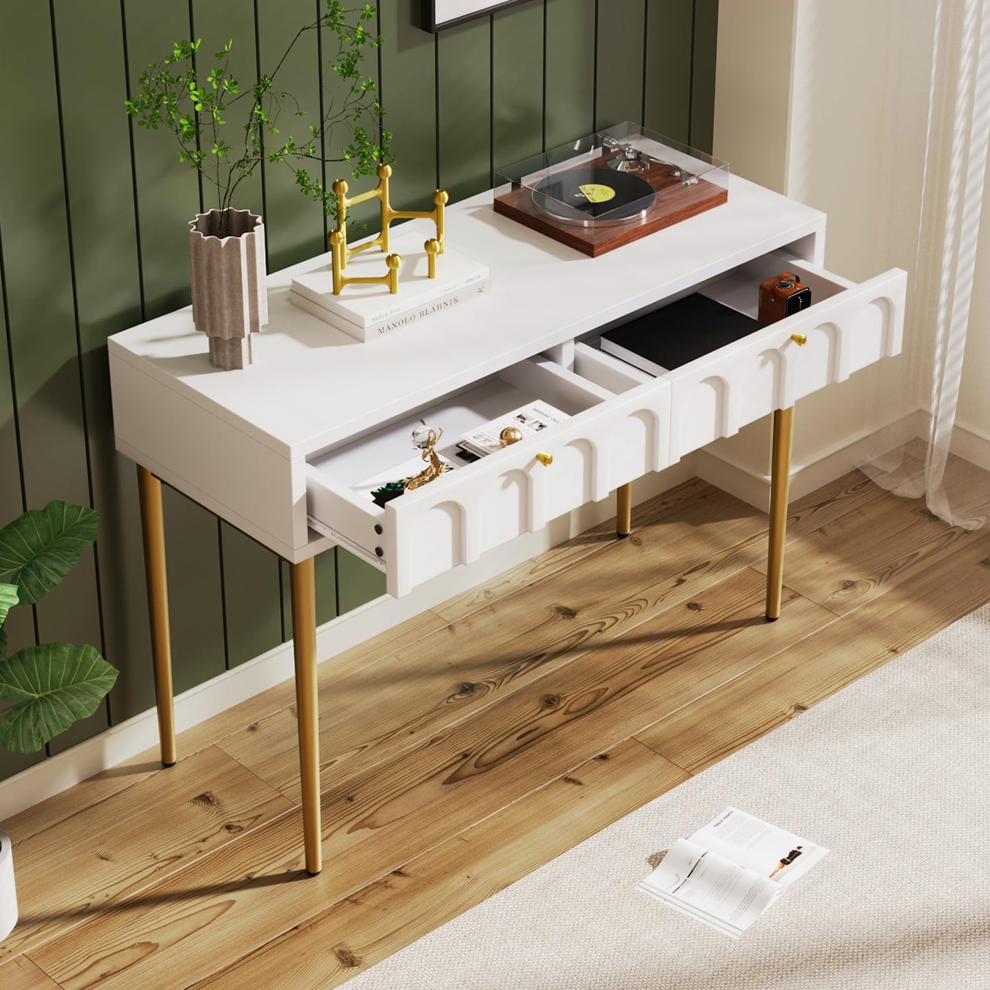 MATONELL Modern Style Double Drawer Dressing Table - Combining Wood & Metal Legs - Spacious Storage, Durable - Suitable for Bedroom, Living & Office - Multi-Purpose Use