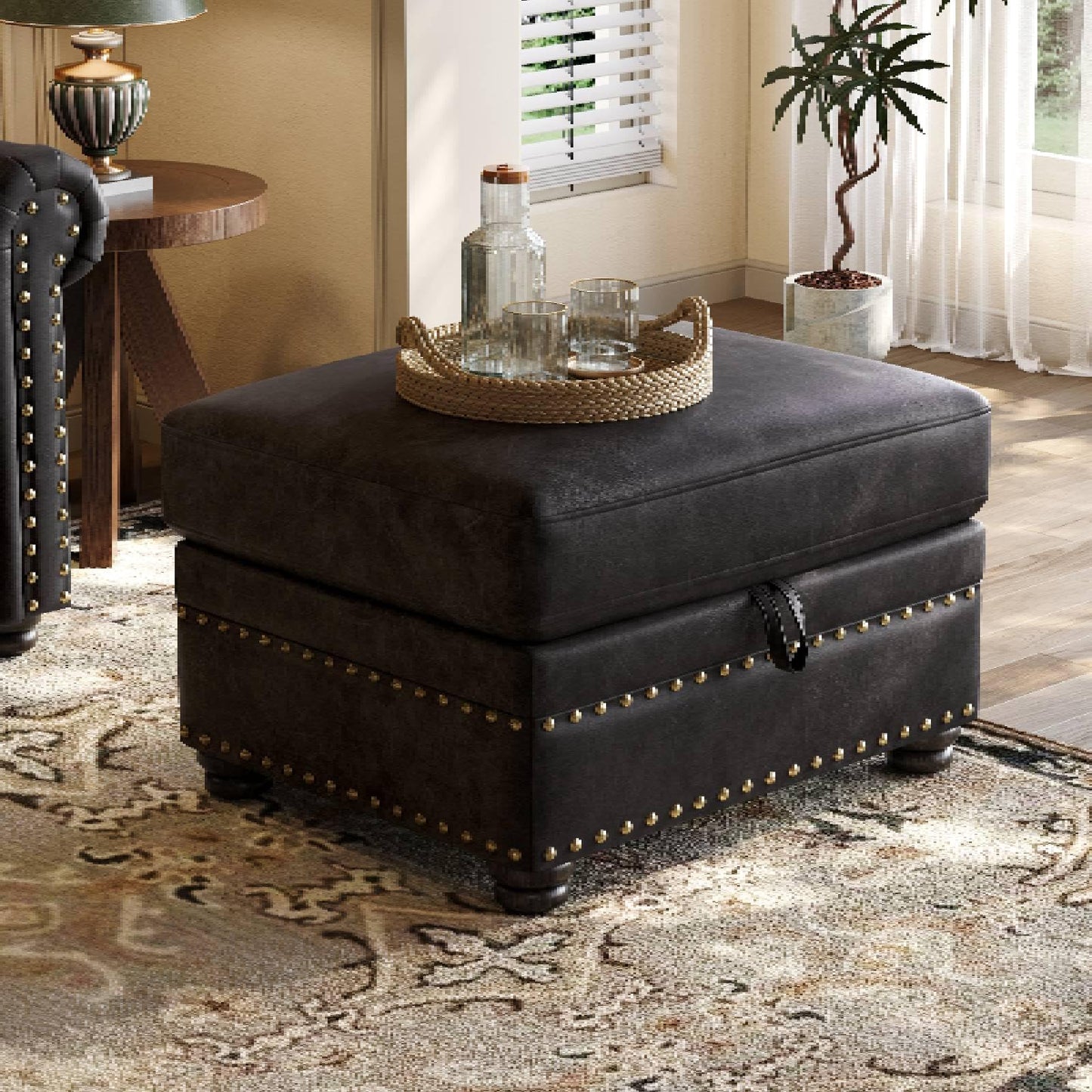 ONBRILL Faux Leather Ottoman with Storage, Rectangle Ottoman Coffee Table with Nailhead Trim, Solid Wood Legs, Oversized Upholstered Footrest Stool for Living Room, Bedroom, Apartment, Black