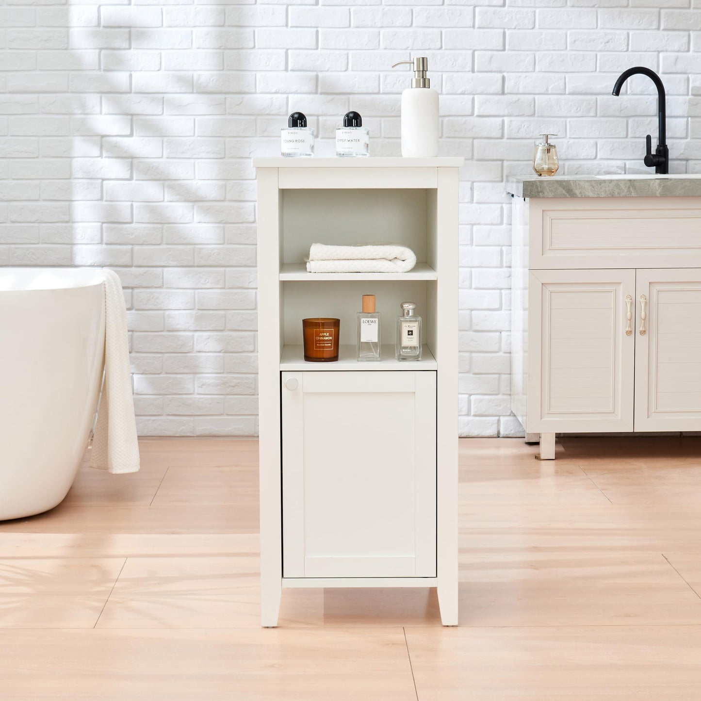 IGERJWE 35.4'' Tall Bathroom Floor Cabinet with Four Shelves, Bathroom Organizer with Adjustable Shelf, Storage Cabinet for Living Room, White
