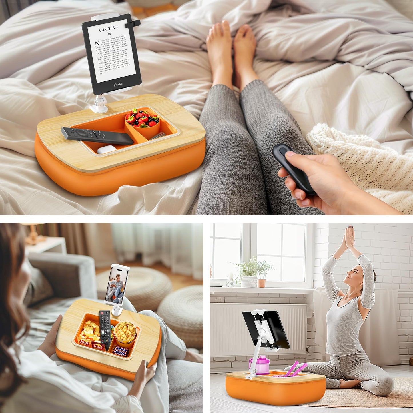 ERGONOV Lap Beanbag Tablet Pillow Stand with Snack Bowl and 360° Rotating Arm, Adjustable iPad Holder for Bed, Couch, and Recliner, Compatible with 4.7"-13" Kindle, iPad, Tablet, Phone,Orange