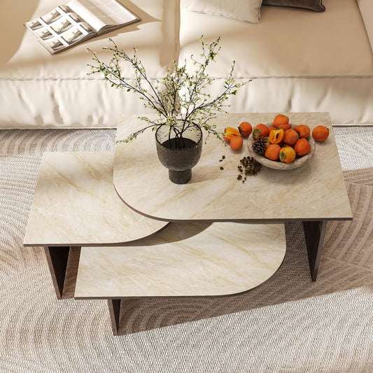 ChicAura Mid Century Modern Coffee Table Set of 3, Nesting Coffee Table with Marble Pattern Tabletop and Solid Wood Legs, Wood Side Tables for Living Room, Walnut