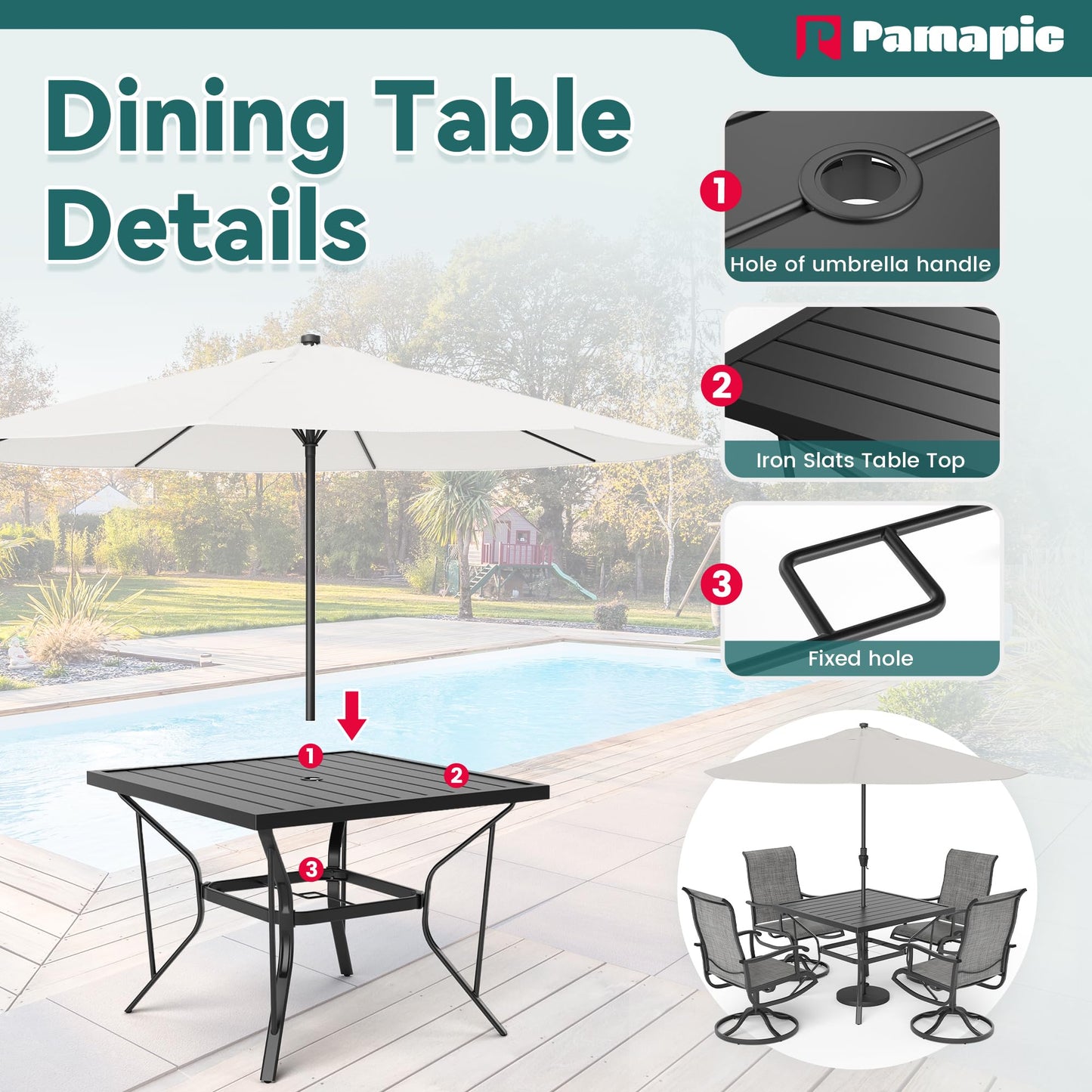 Pamapic 5-Piece Outdoor Dining Set, Patio Dining Set for 4, Outdoor Table and Chairs, All-Weather Outdoor Patio Set with Textilene Swivel Chairs for Garden, Poolside, Deck，Gray