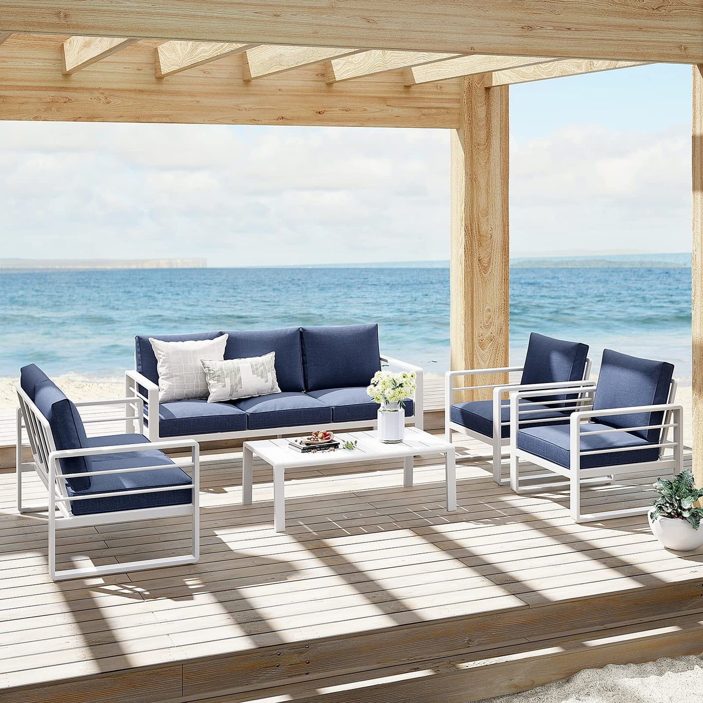 Patiorama Aluminum Patio Furniture Set, Outdoor Patio 3-Seater Sofa, 3 Seats Couch, All Weather White Metal Chair with Olefin Cushion, Deep Seating, 800 lbs Capacity, Deck, Garden-Blue Cushion