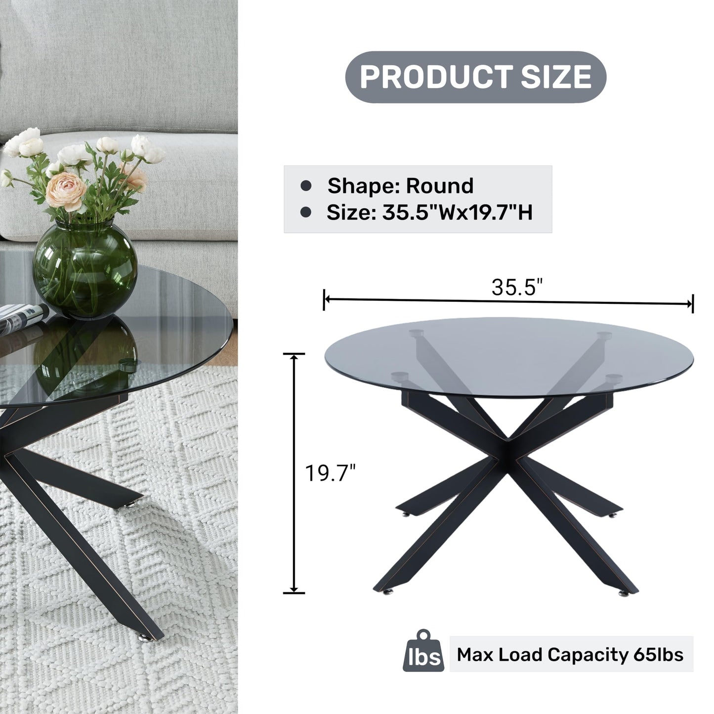 Round Glass Coffee Tables for Living Room, Home Office, Modern & Simple Center Table with Gray Tempered Glass Top, 35.5" Wx19.7 H Black