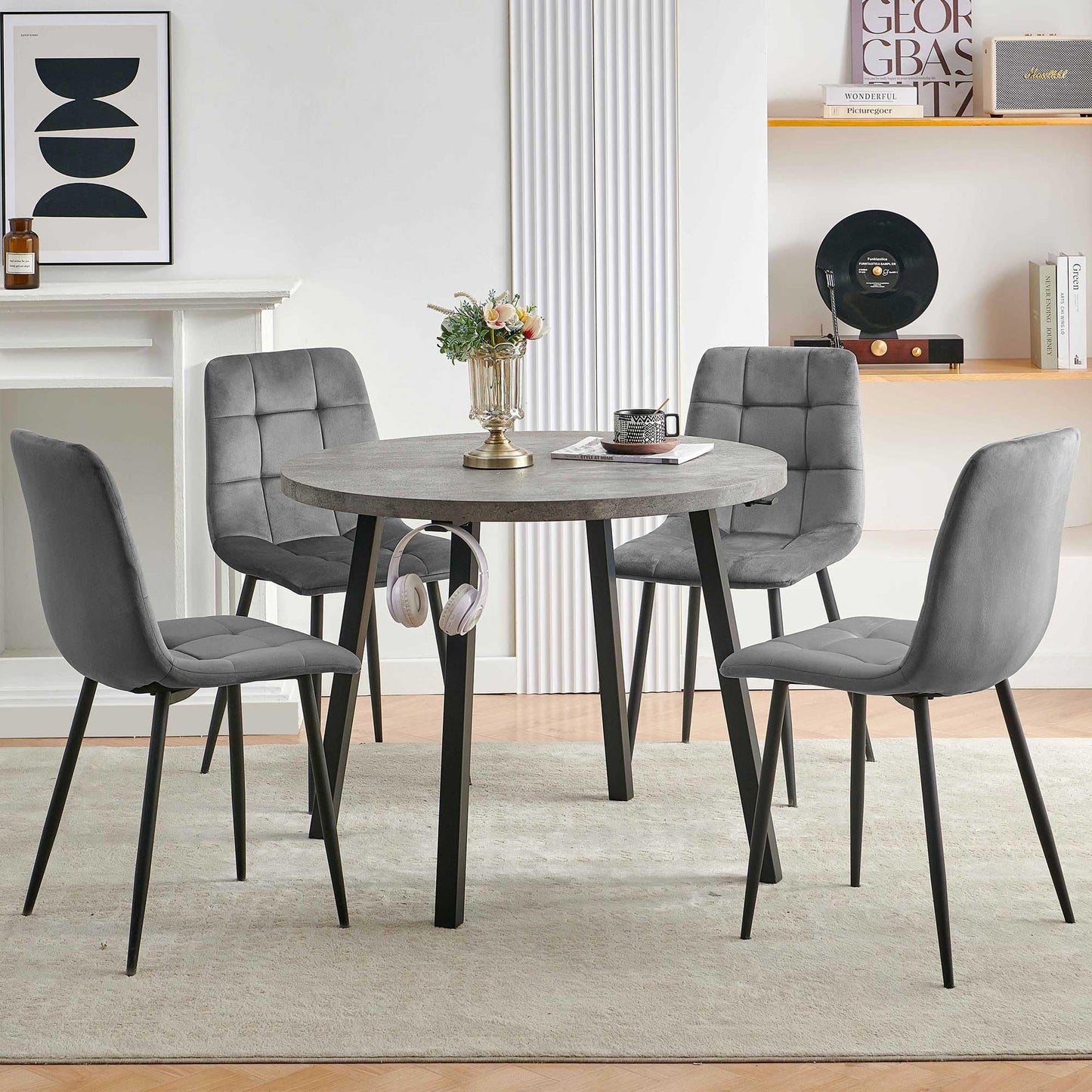 Homedot Kitchen Table and Chairs Set for 4, 37" Grey Round Dining Table with Hooks, Solid MDF Faux Wood Tabletop, Grey Velvet Dining Chairs Upholstered Side Chair with Back