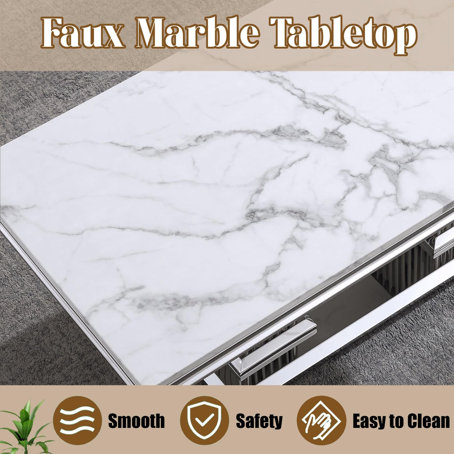 ModaWhly Modern 47" Marble Coffee Table, Large Living Room Center Table with Faux Marble top & Columnar Stainless Steel Base, Elegant White & Silver Design for Bedroom, or Reception Area