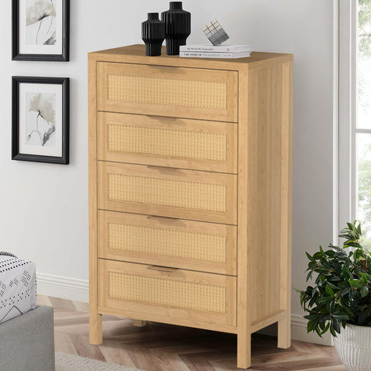 BTDWI Wood 5 Dresser for Bedroom, Wide Rattan Drawer with Gold Handle for Bed Room, Hallway, Rustic Oak