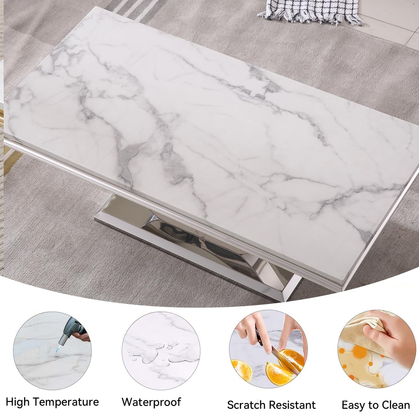 Modern Marble Coffee Table with Stainless Steel Pedestal, 47" Luxury Silver Coffee Table for Living Room, Unique Faux Marble Cocktail Table Rectangle Funky Coffee Center Tables for Living Room