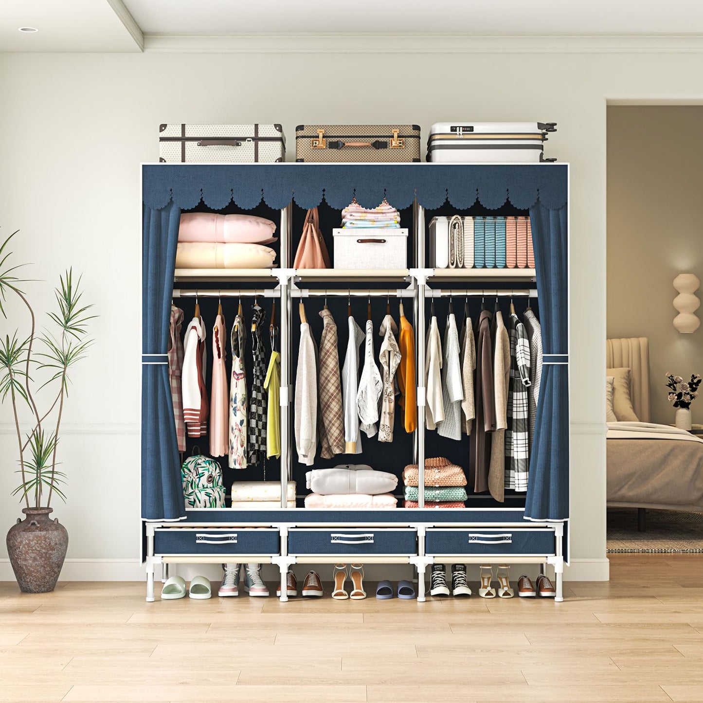 LEAlJlAFY Portable Blue Freestanding Armoire Wardrobe Closet with 3 Drawers,Modern Large Bedroom Metal Clothing Wardrobe Storage Racks for Hanging Clothes,Strong and Sturdy,for Home Small Room