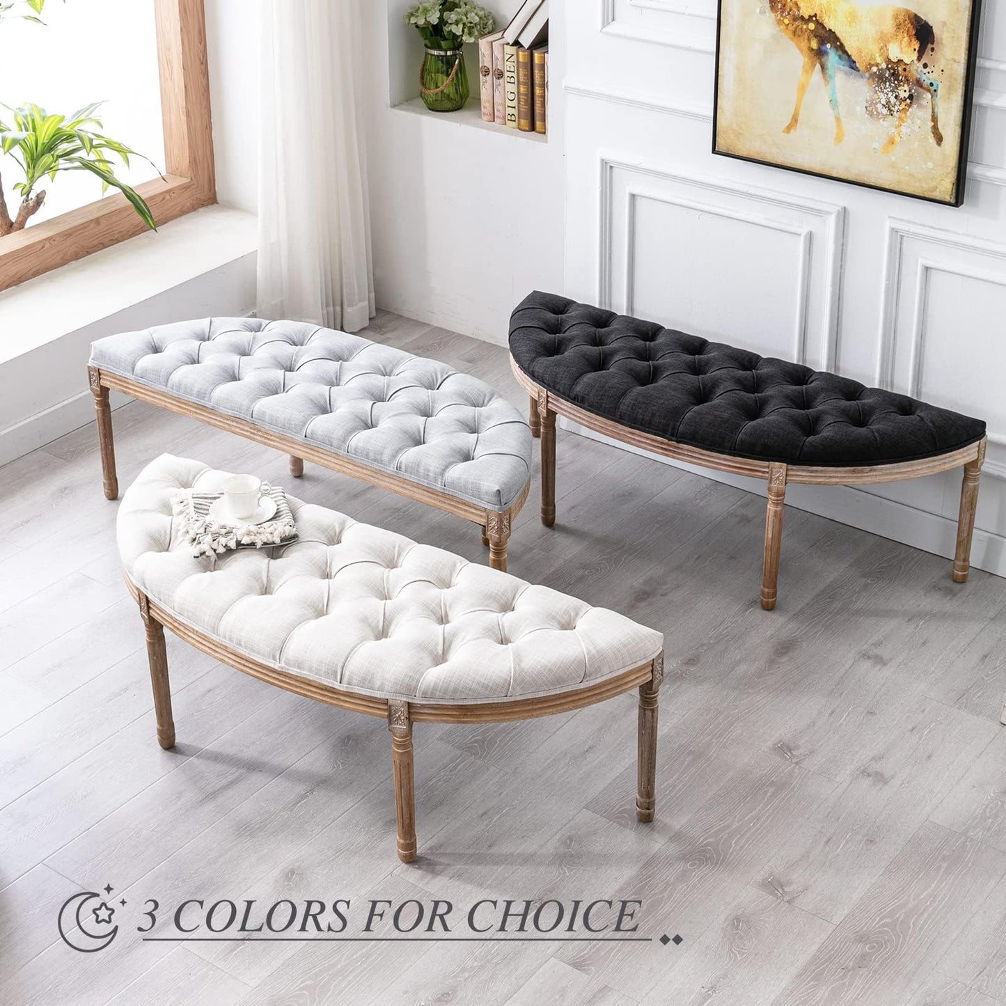 LZAREAL 55" End of Bed Bench Vintage Half Moon Upholstered Fabric Semi-Circle Entryway Bench with Padded Seat & Rubberwood Legs, Tufted Dining Bench for Dining Room Bedroom Living Room Hallway, Grey