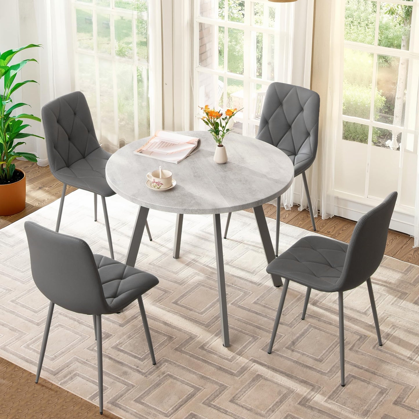 Sesslife Round Dining Table Set for 4 Faux Marble 39“ Round Kitchen Table with 4 PU Chairs for Space Saving Apartment Kitchen Dining Room (Gray + Gray)