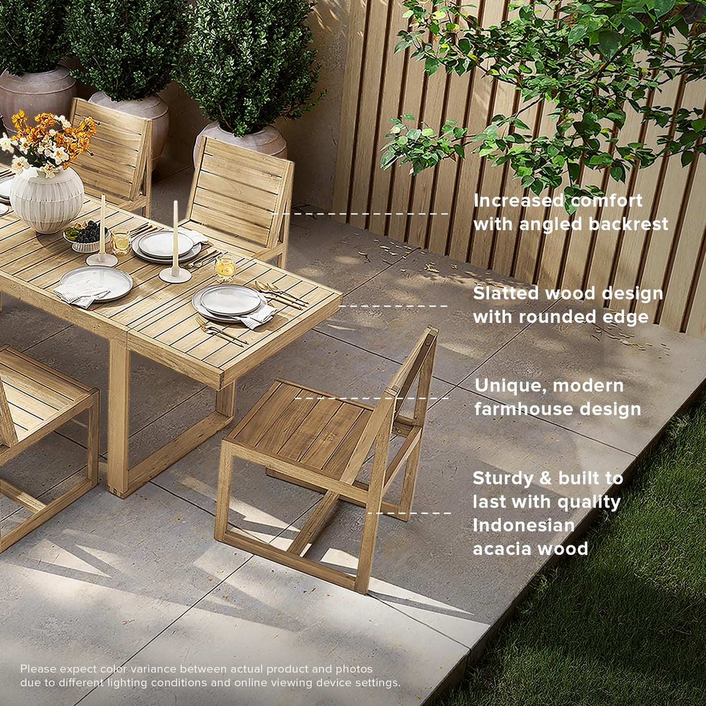 mopio Bruno Patio Chairs, Solid Acacia Wood Slatted Mid Century Modern Farmhouse Outdoor & Indoor Dining Chairs, for Picnic Garden Backyard Poolside Porch Conversation (Set of 4)