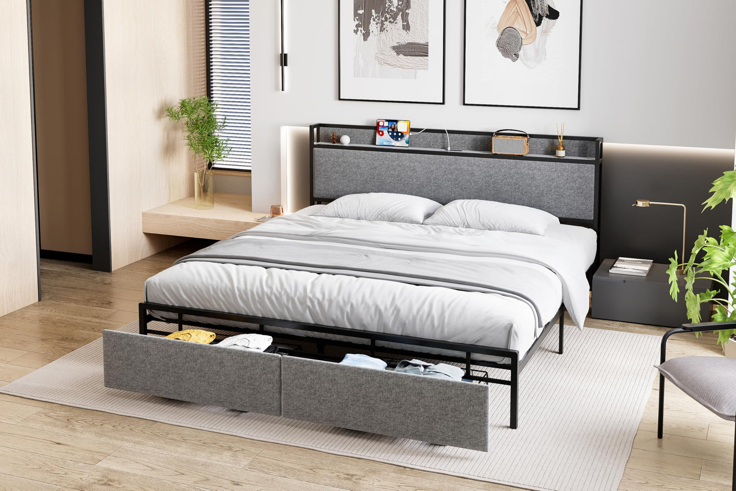 GarveeHome King Size Bed Frame with 2 Storage Drawers and USB Ports, Modern Platform Bed with Upholstered Shelf Headboard, Sturdy, Noise Free, No Box Spring Needed, Gray