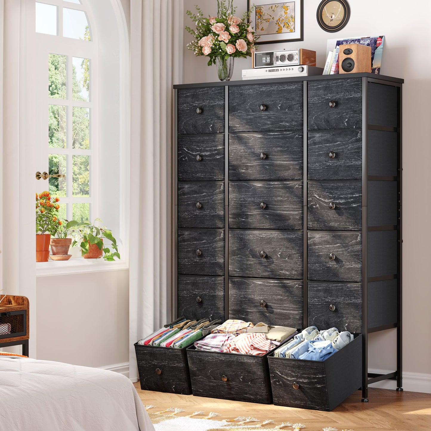EnHomee 57.7" H Tall Dresser for Bedroom with 18 Drawers, Dressers & Chests of Drawers Fabric Dresser with Wooden Top & Metal Frame,Living Room, Closet, Hallway, Black Wood Grain