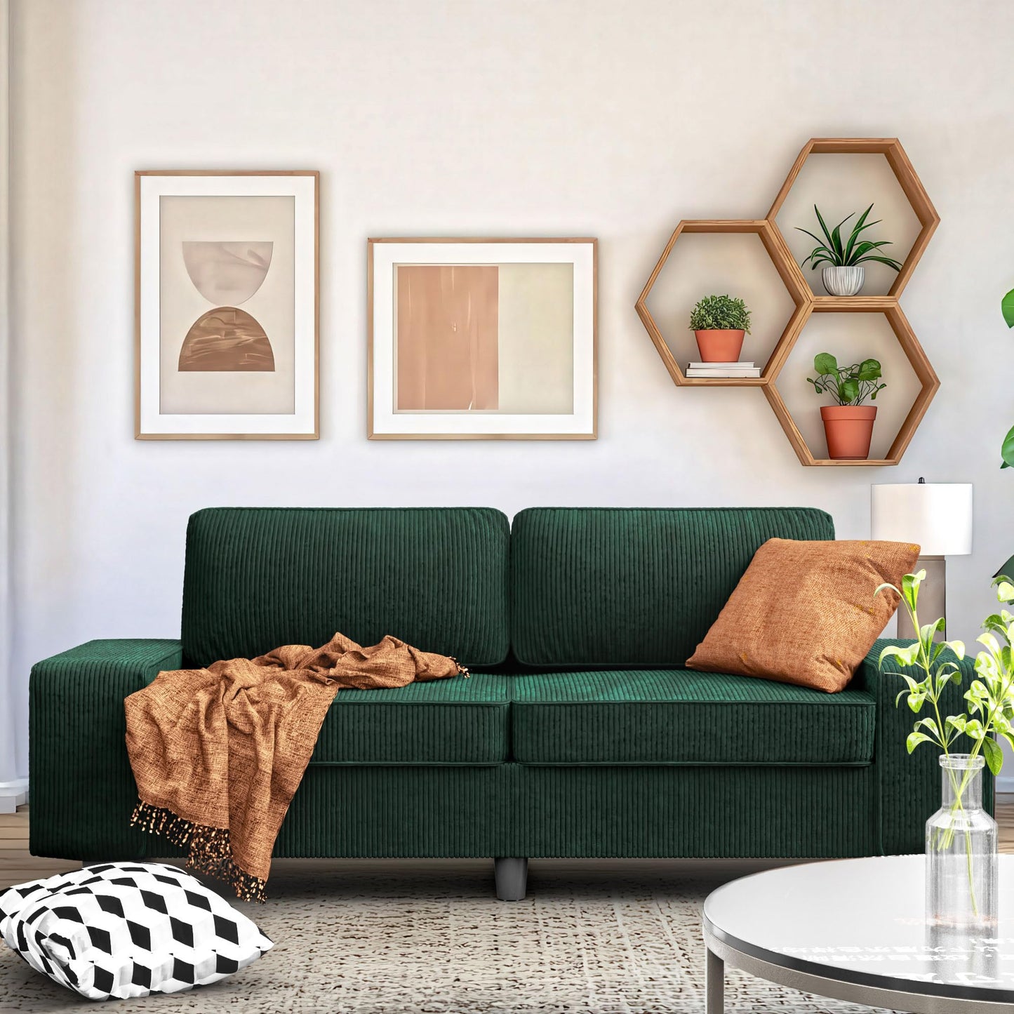 MeetLeisure 84" Corduroy Loveseat Couch, 3 Seater Retro Sofa with 4 Side Pockets, Removable and Washable Cushions, Mid Century Modern, Living Room, Apartment, Office (Green)