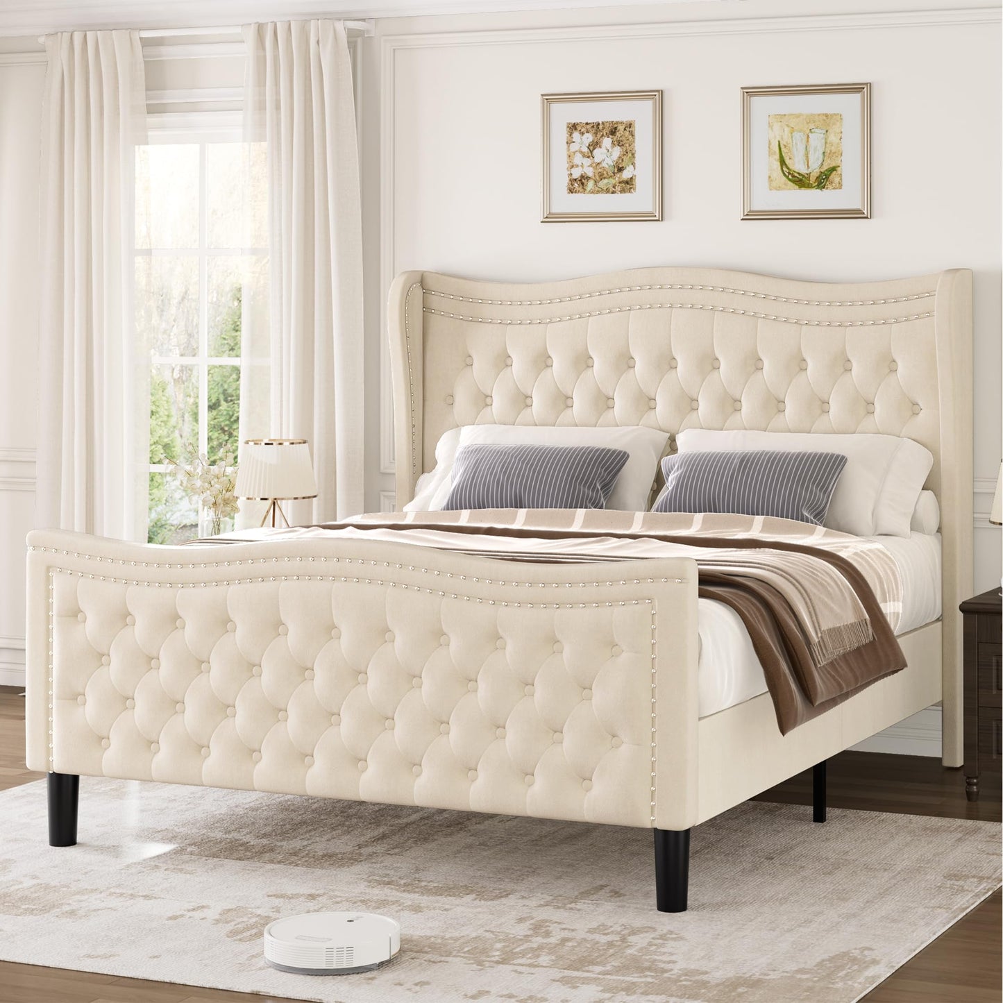 Generic Full Bed Frame, 52"" Headboard Upholstered Bed with Tall Footbaord, Velvet Upholstered Deep Button Tufted Wingback Platform Bed, No Box Spring Required/Wood Slat Support/Beige