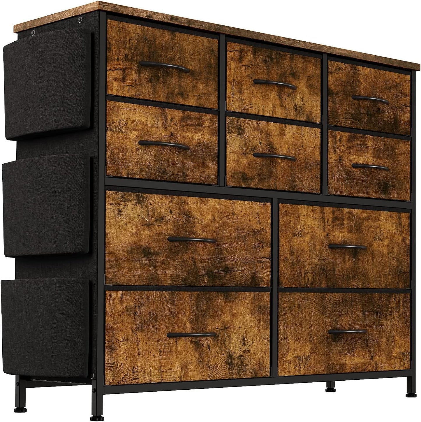 Dresser for Bedroom, 10 Drawers Fabric Storage Drawer, Dressers & Chest of Drawers with Side Pockets, Hooks, Wood Tabletop for Closet, Living Room, Hallway (Brown)