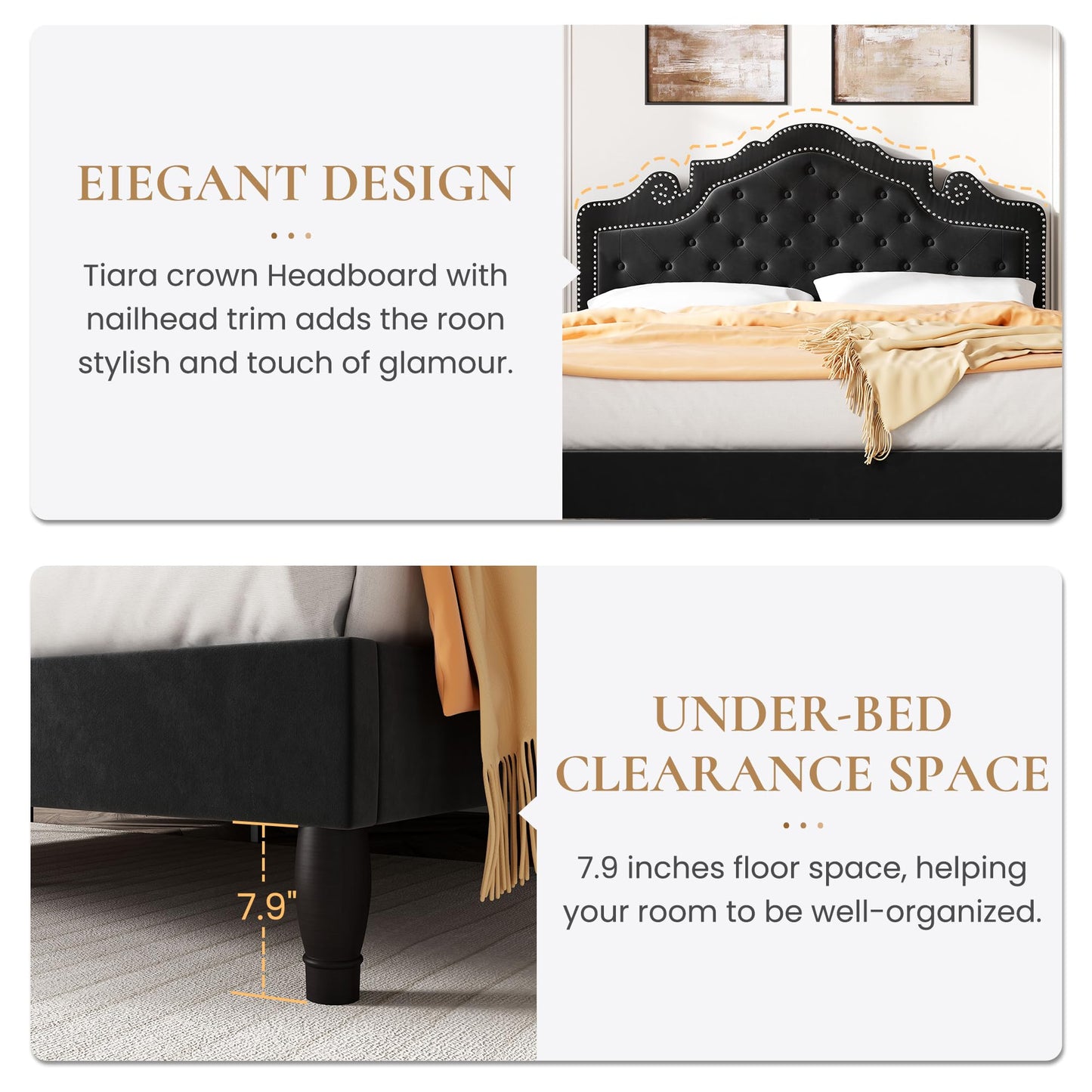 SHA CERLIN Full Size Bed Frame with Adjustable Headboard/Velvet Upholstered/Diamond Button Tufted and Metal Studs/No Box Spring Needed/Wood Slat Support/Easy Assembly/Black
