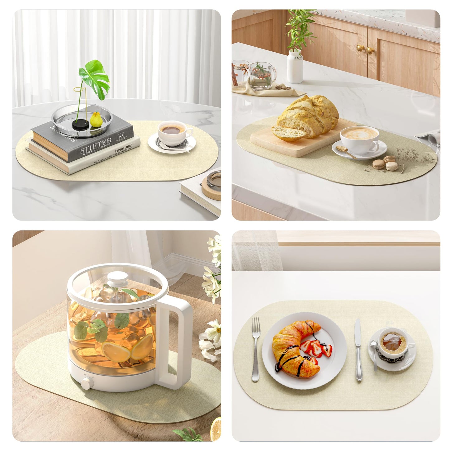 DOLOPL Placemats Set of 6, Oval Reversible Wipeable & Heat Resistant Place Mats, Modern Faux Leather Table Mats for Kitchen, Neutral Tablemats for Dining Table Decor, Wedding, Party(Beige)