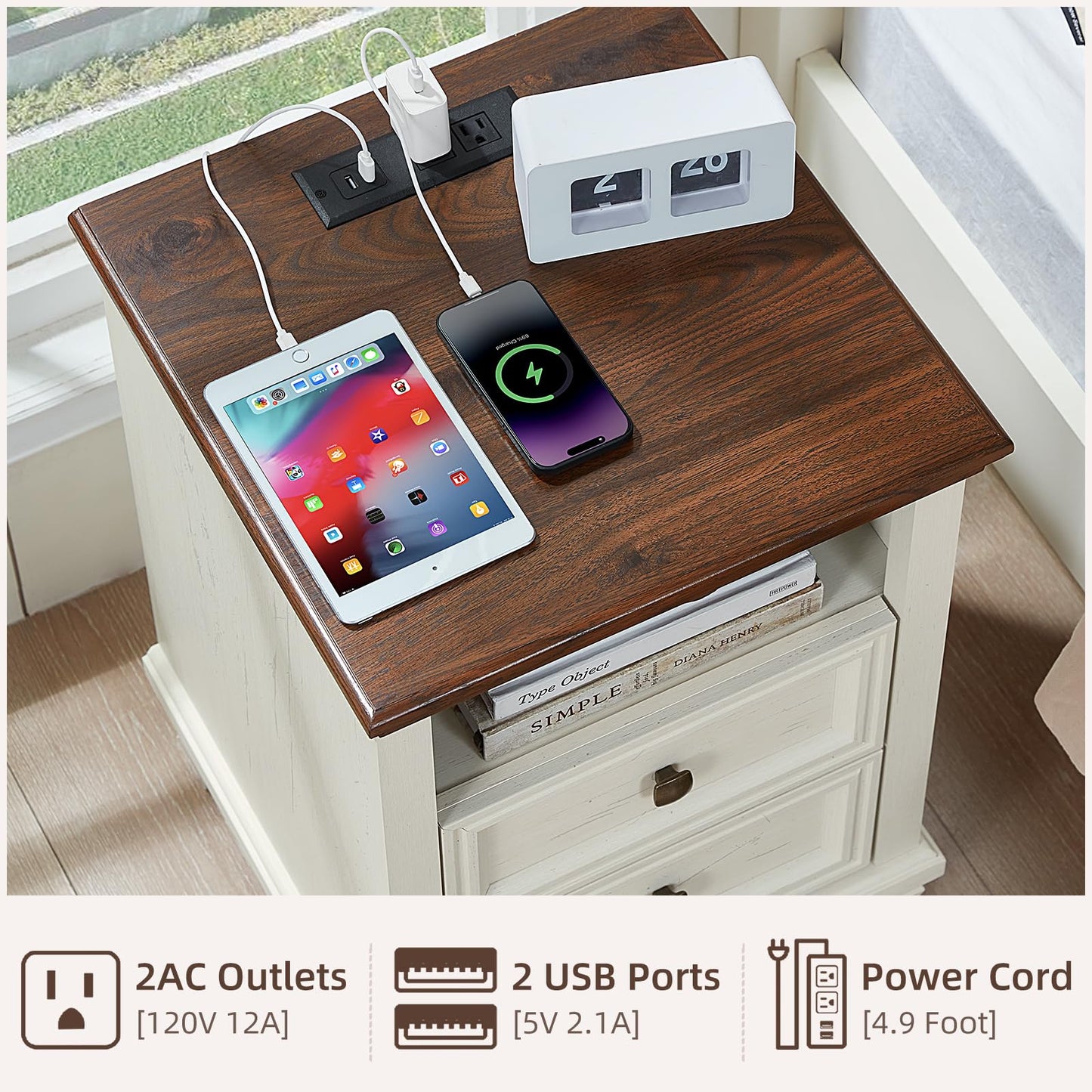 SAVOR LIFE Farmhouse Night Stand with Charging Station, Rustic and Modern Nightstand,2 Drawers End Table for Living Room,Bedside Table with Open Shelf for Bed Room,White