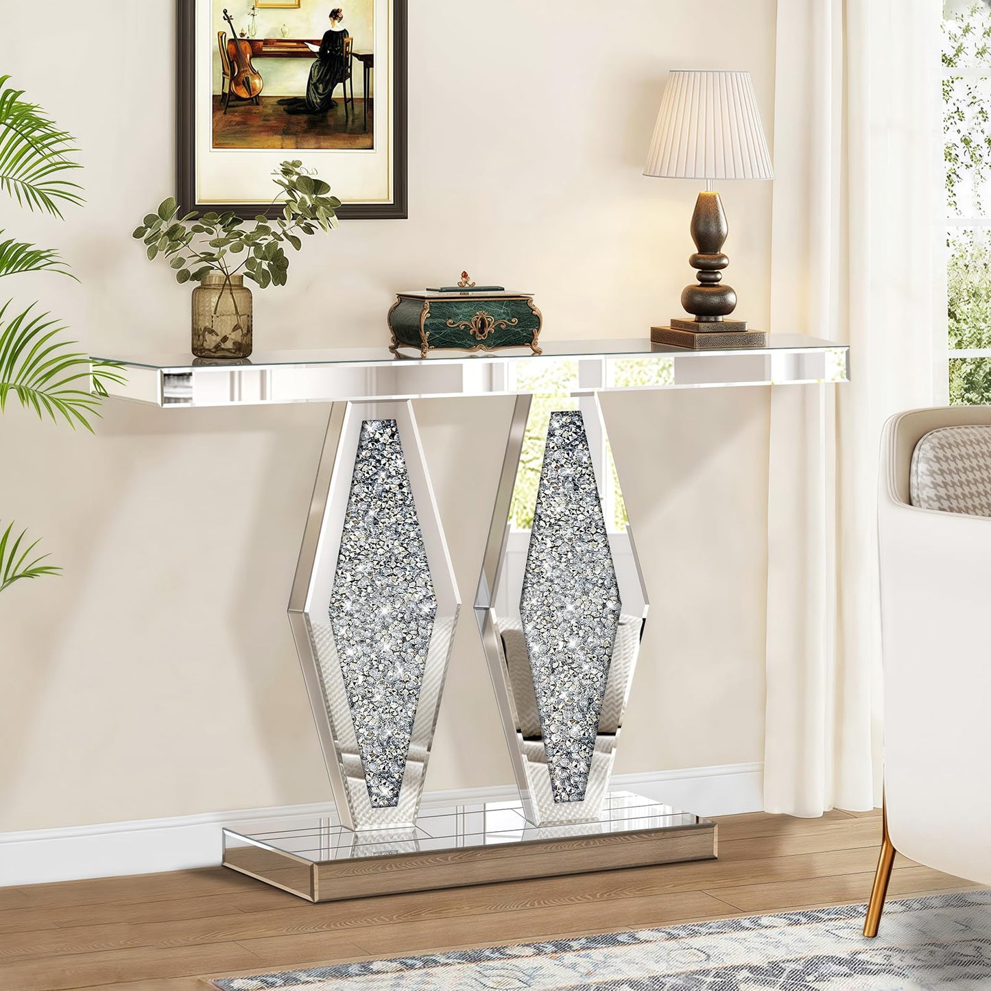 GA Home Modern Mirrored Entryway Console Tables with Crushed Diamond Inlay, 39.37" Long Silver Hallway Table for Entryway, Glam Glass Foyer Table for Home Decor