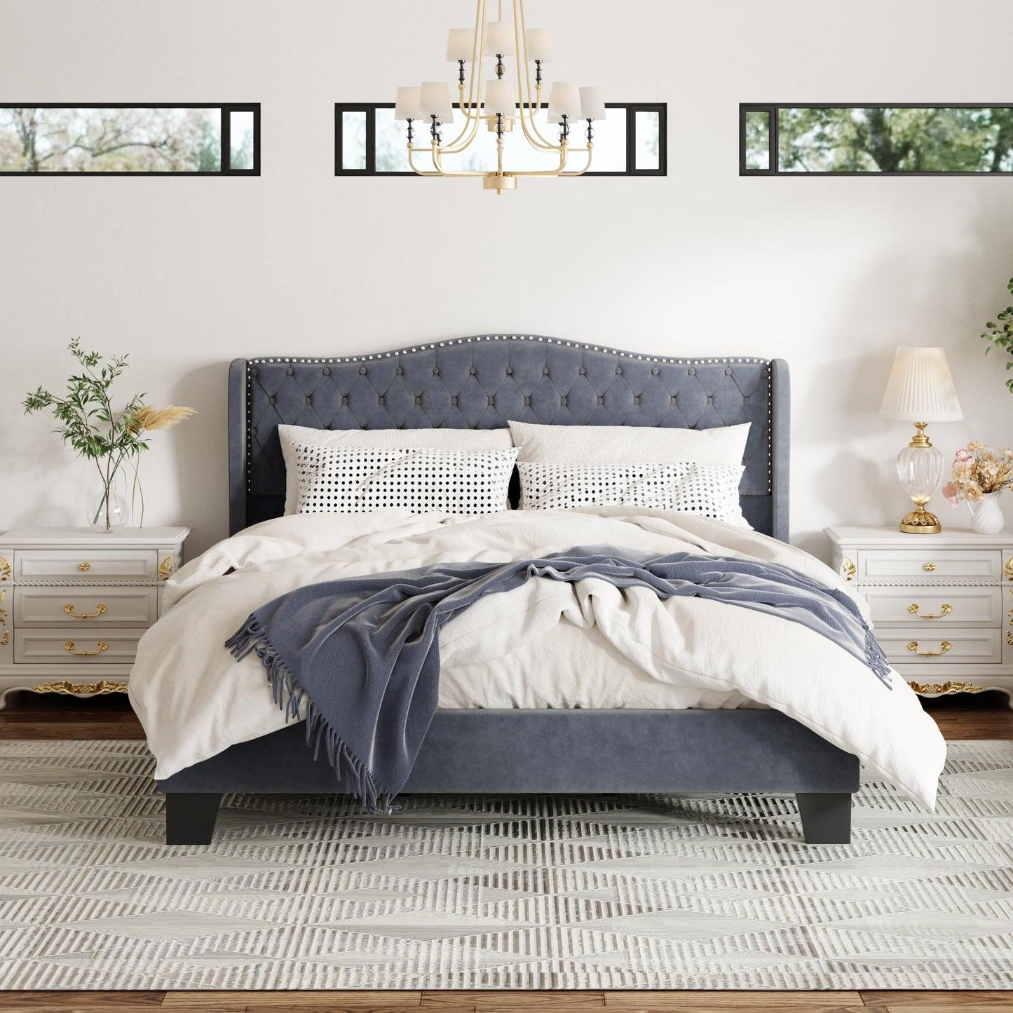 SwnftWinnt Queen Size Upholstered Bed Frame, Velvet Luxury Wingback Headboard, Platform Bed with Deep Button Tufted & Nailhead Trim, No Box Spring Needed, Noise Free, Easy Assembly, Grey